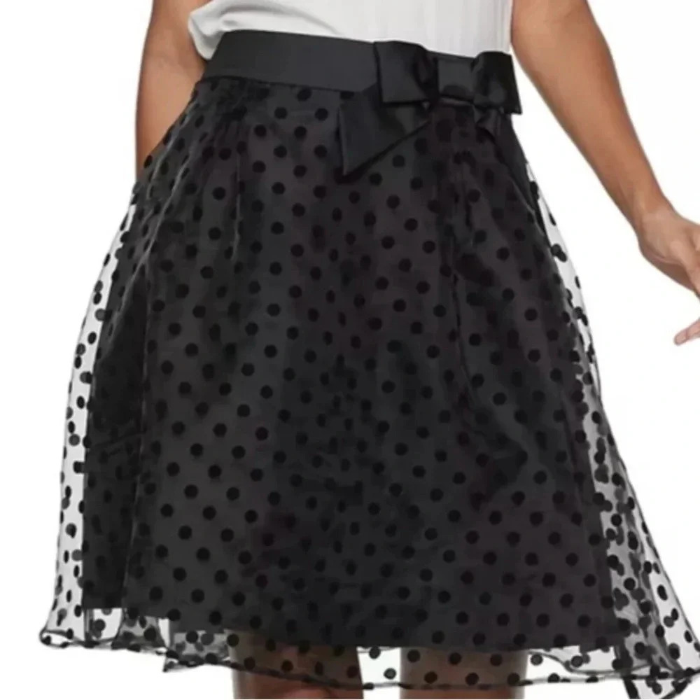 NFS Elle A-line layered polka dot skirt Black Sheer overlay Bow Size 14 Flirty